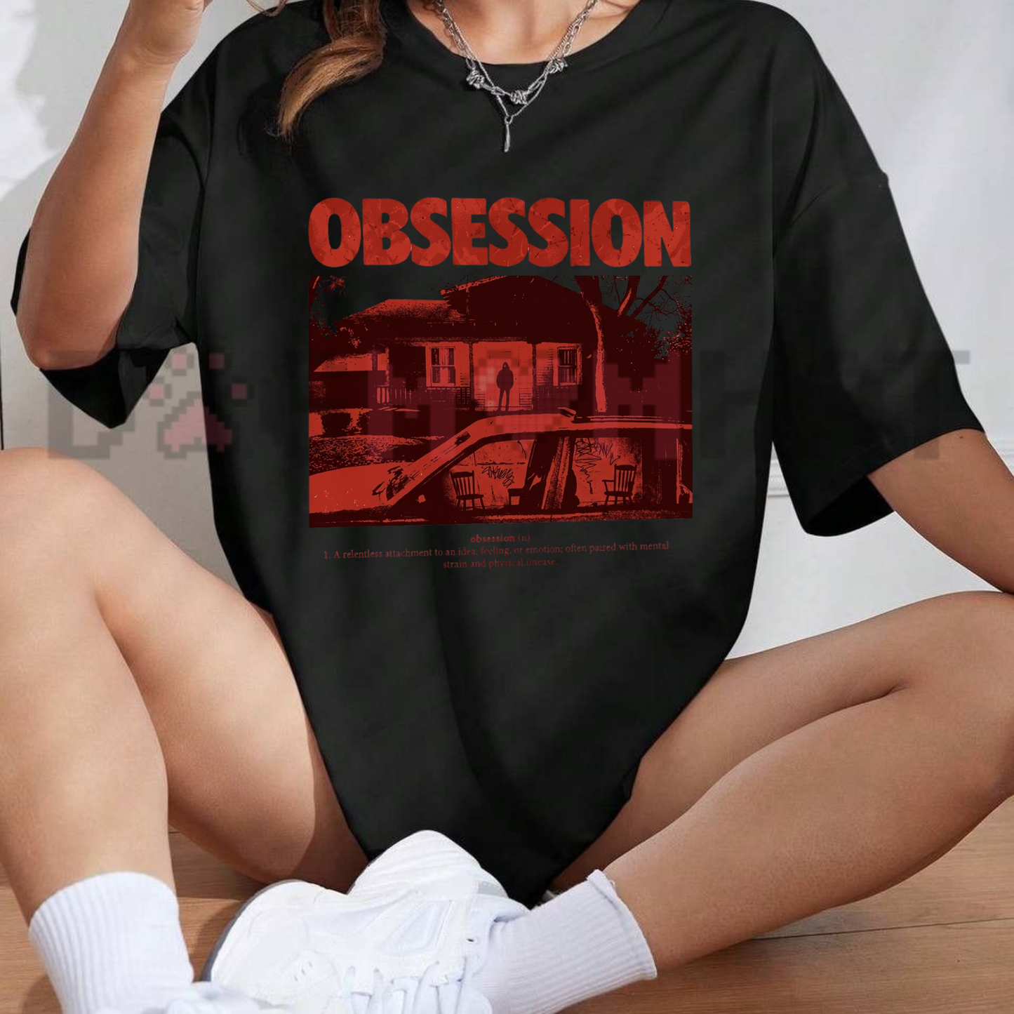 Obsession Retro Horror Oversized Cotton T-Shirt - Vintage Distressed House Graphic Tee