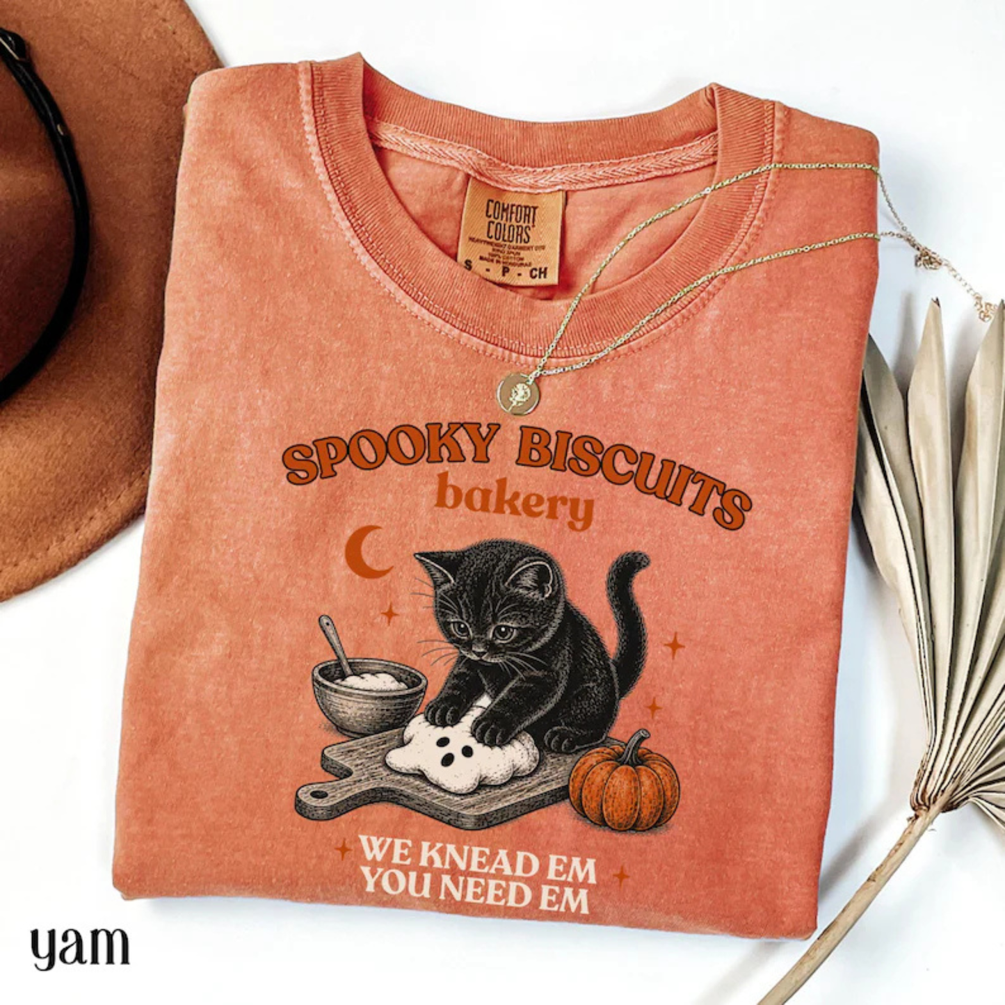 "Kitty Biscuits" Vintage Pumpkin & Black Cat T-Shirt - Fall & Spooky Season Graphic Tee