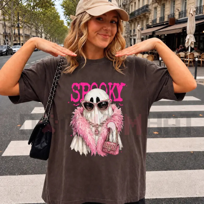 Comfort Colors Spooky Ghost With Boa Shirt - Pink Coquette Halloween Tee