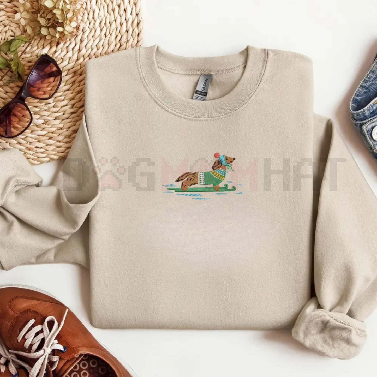 Dachshund on Skis Embroidered Sweatshirt – Funny Christmas Dog Crewneck