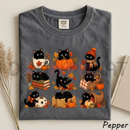 Comfort Colors® Black Cat Fall T-Shirt - Cozy Autumn Pumpkin Kitty Apparel