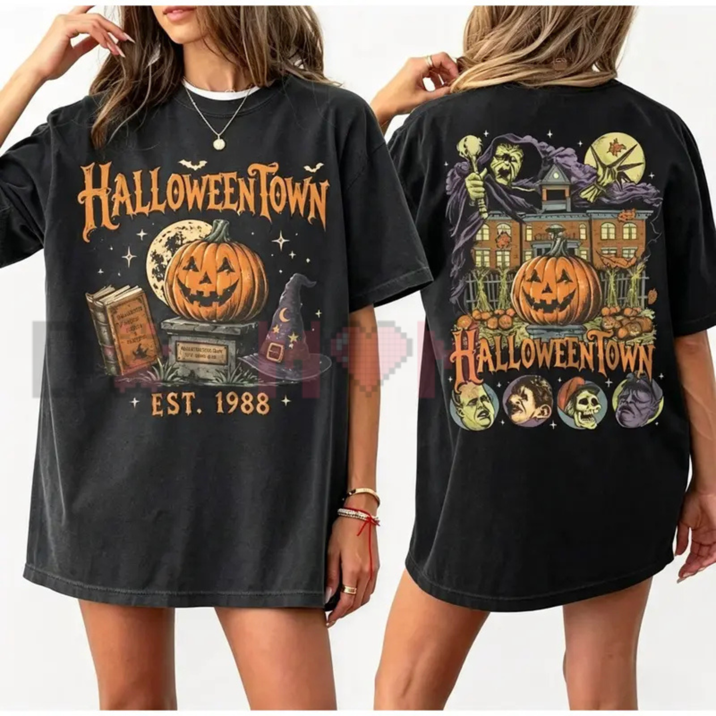 Vintage Pumpkin Witch Double-Sided Washed Tee - 90s Retro Spooky Season Halloween Unisex Graphic T-Shirt