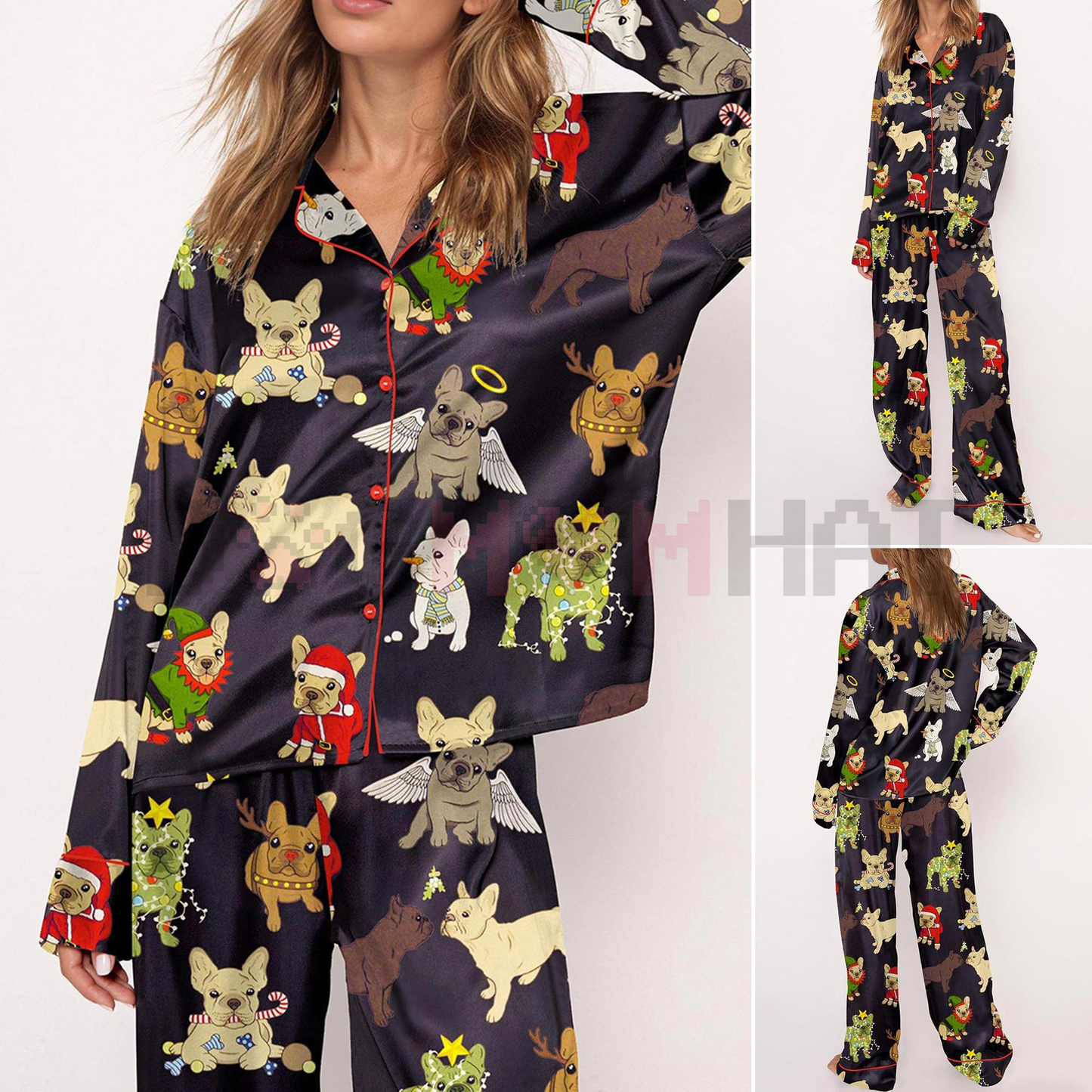 Christmas French Bulldog Satin Pajama Set For Women – Comfy Satin Sleepwear & Loungewear Pjs