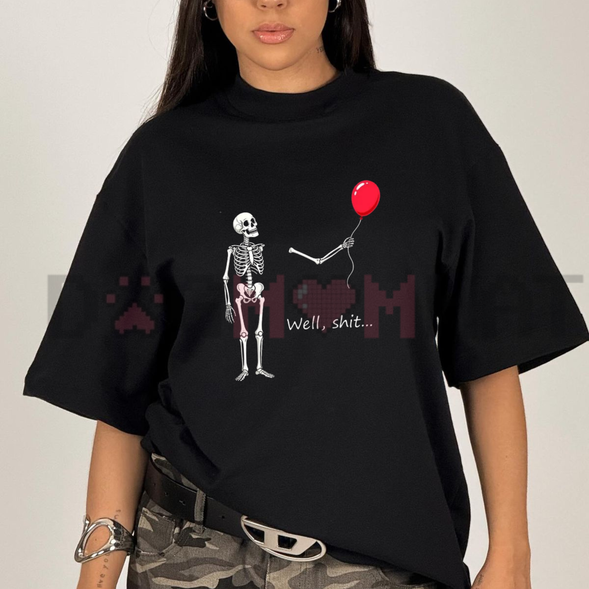 "Funny Skeleton Balloon" Dark Humor T-Shirt - Halloween Graphic Cotton Blend Top