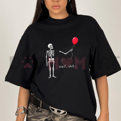 "Funny Skeleton Balloon" Dark Humor T-Shirt - Halloween Graphic Cotton Blend Top
