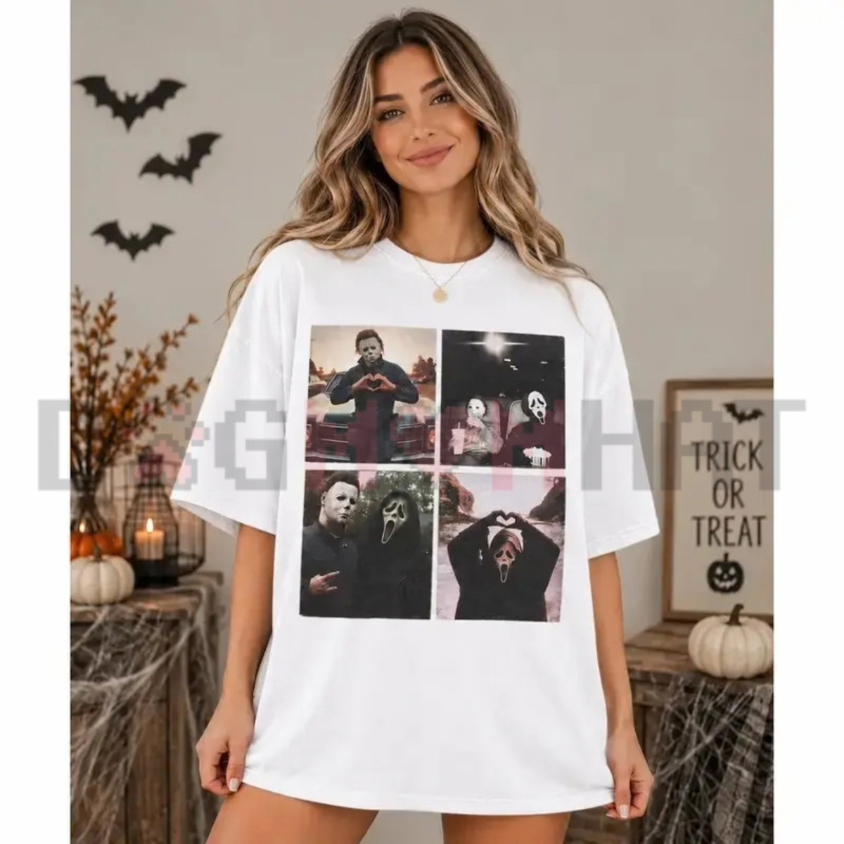 Women's Iconic Horror Movie Collage Graphic T-Shirt