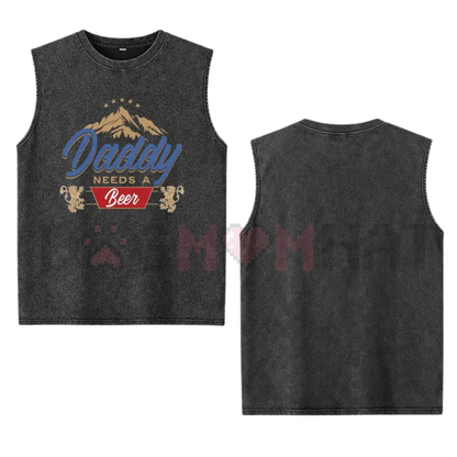 Vintage Washed Charcoal Mountain Lion Vest - Funny "Daddy Needs A Beer" Men's Tank Top