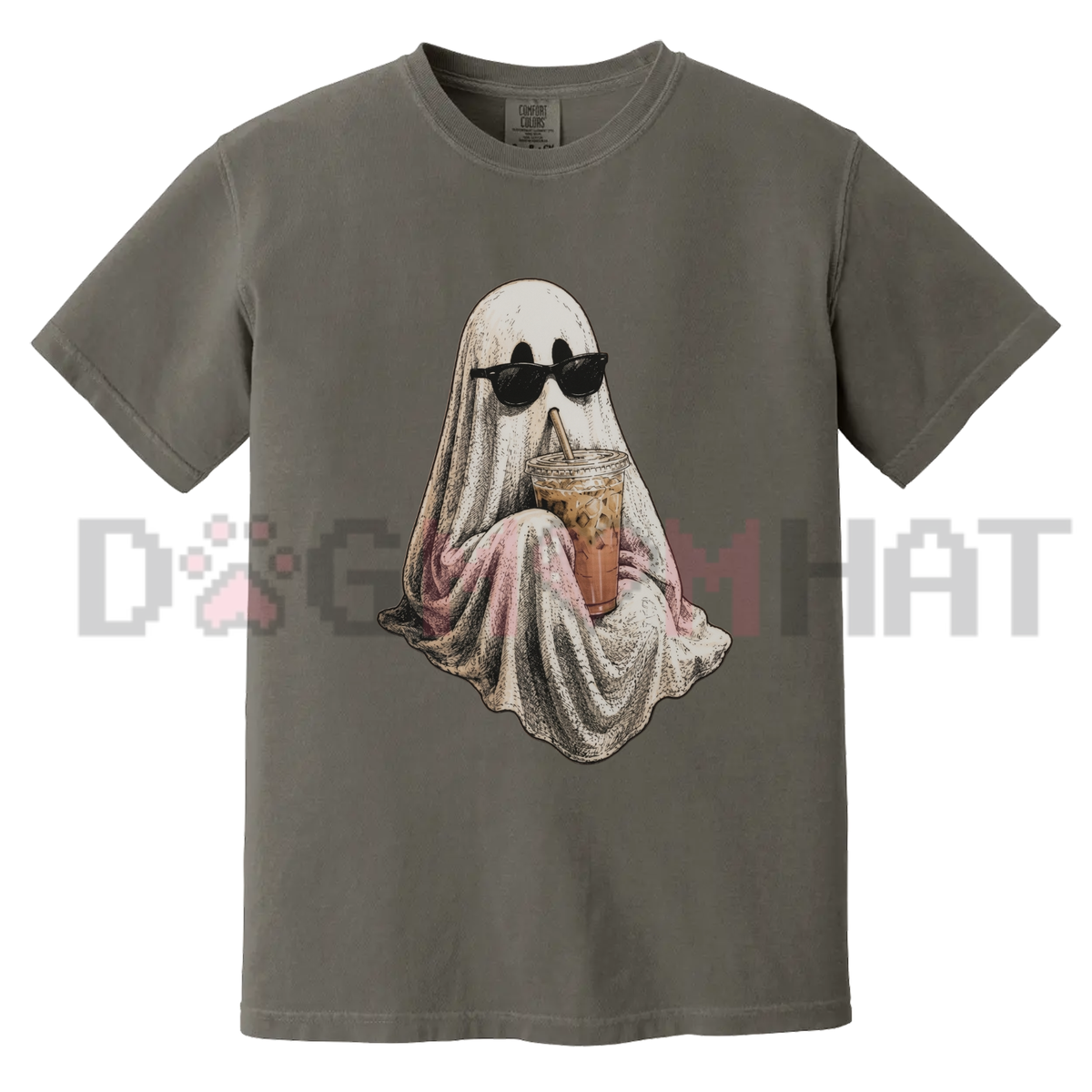 Comfort Colors® Ghost Drinking Coffee T-Shirt - Retro Iced Latte Spooky Season Tee