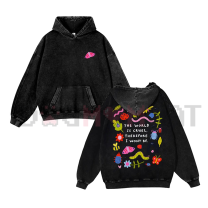 Cute Bug Print Pink Washed Hoodie - "The World Is Cruel" Vintage Graphic