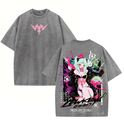 Rebecca Cyberpunk Edgerunners Double Printed Acid Washed T-Shirt