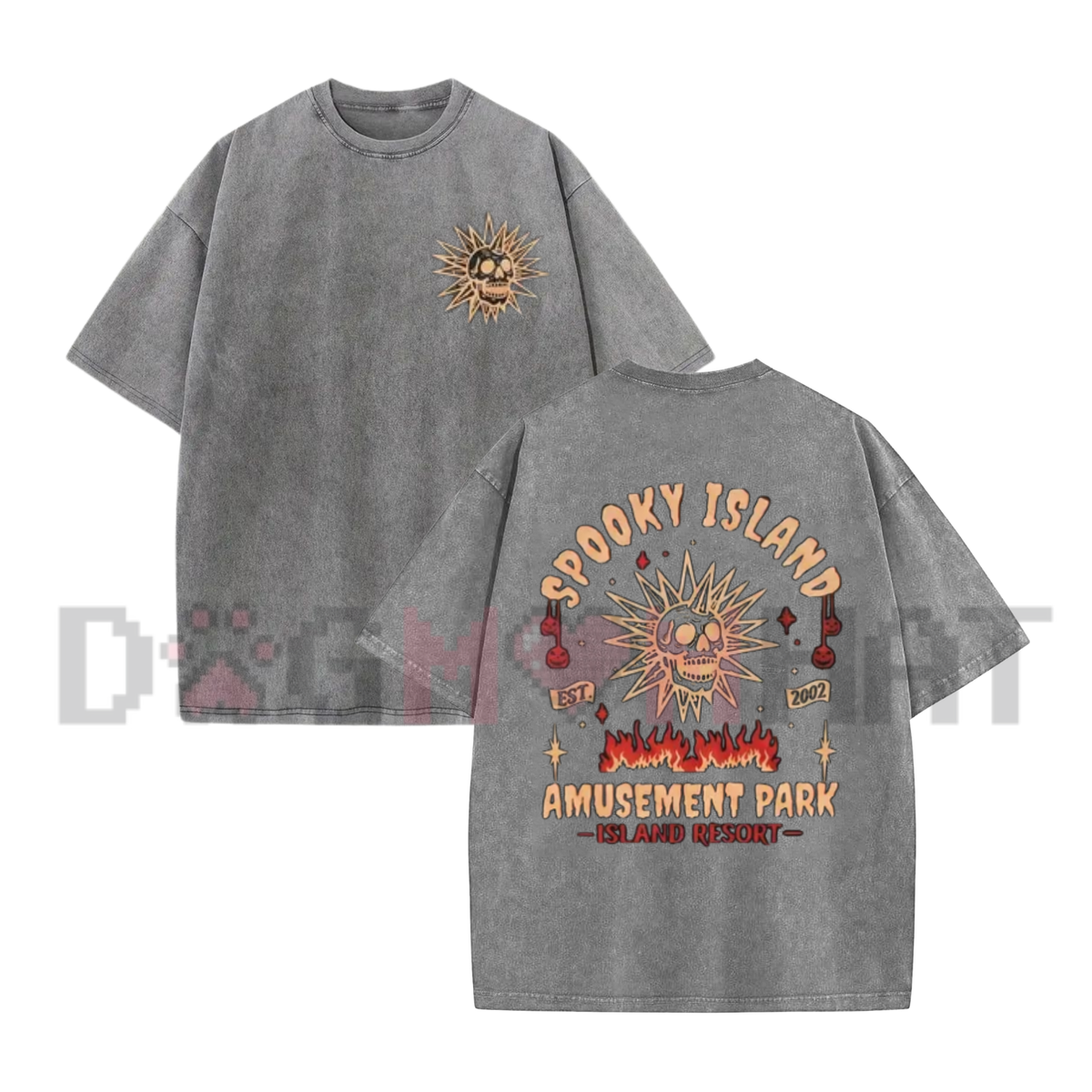 YoungFlame Spooky Island Acid Wash Oversized T-Shirt | Y2K Nostalgic Graphic Tee