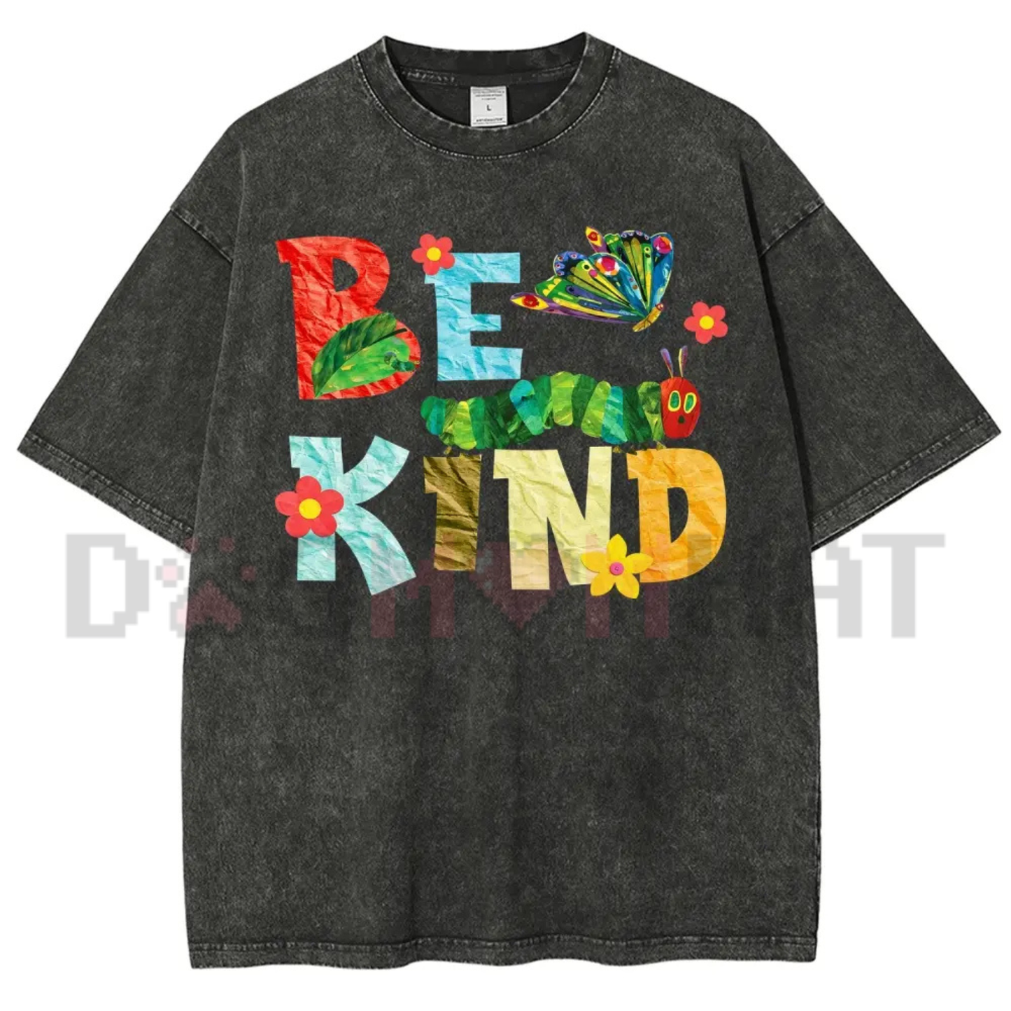 Botanical Collage Be Kind Acid Wash Graphic Tee - Vintage Y2K Butterfly & Bug Oversized Cotton Shirt
