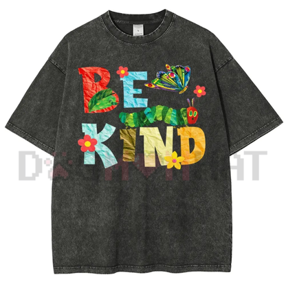 Botanical Collage Be Kind Acid Wash Graphic Tee - Vintage Y2K Butterfly & Bug Oversized Cotton Shirt