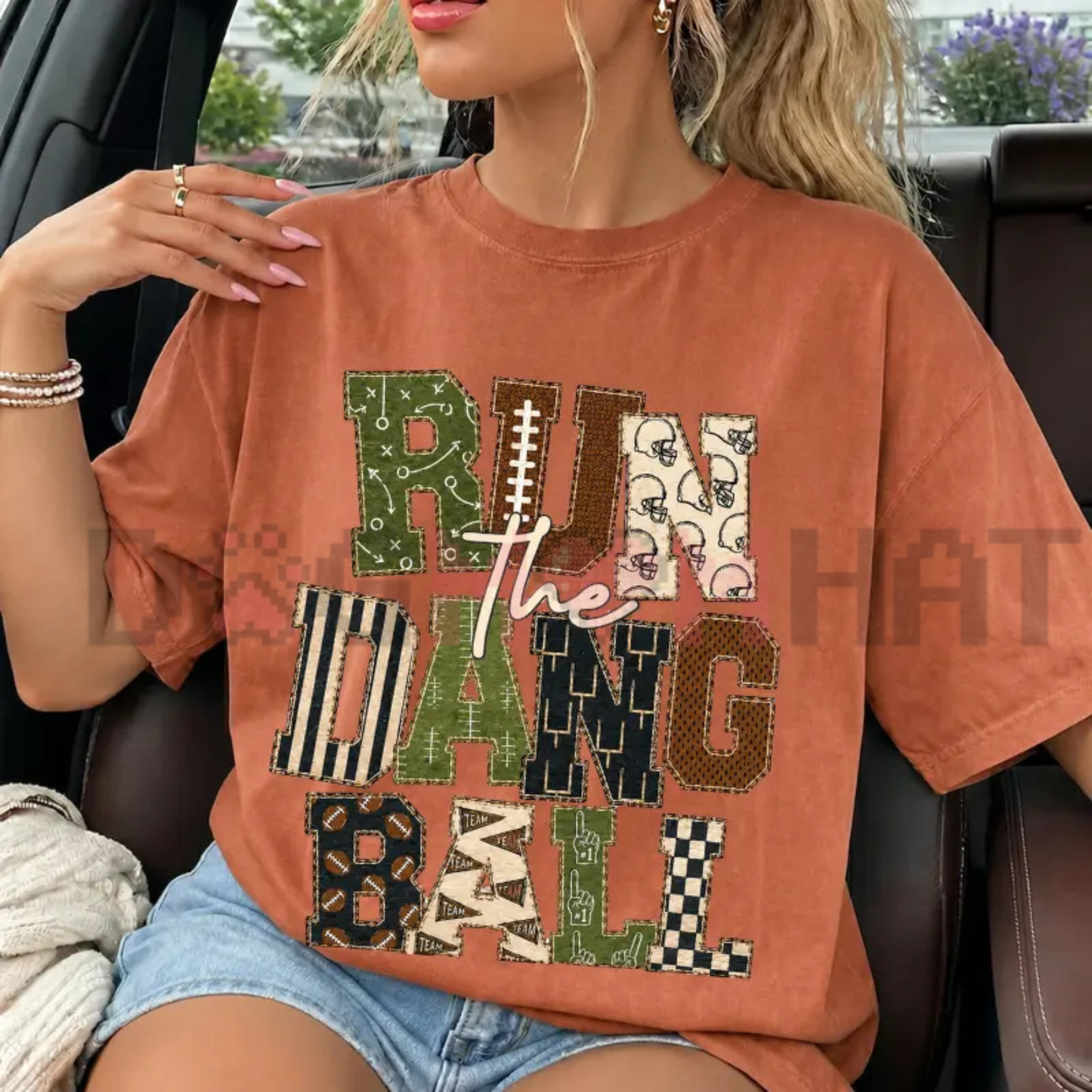 Comfort Colors® "Run The Dang Ball" Patchwork Football T-Shirt - Leopard Game Day Tee