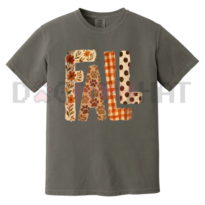 Autumn Patchwork Paw Comfort Colors Tee - Cute Floral Pumpkin Season Shirt for Women