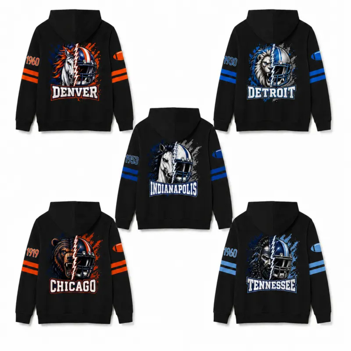 Unisex Football City Graphic Hoodie - Black Pullover with Front Script & Back Helmet Art