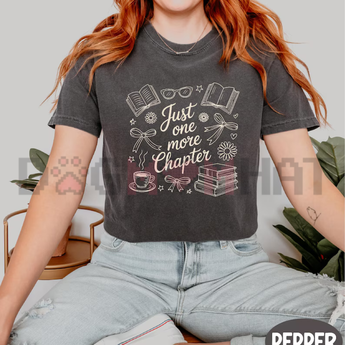 Just One More Chapter Floral Book Graphic Tee - Vintage Coffee & Books Soft Cotton Unisex Bookish Reader Gift T-Shirt