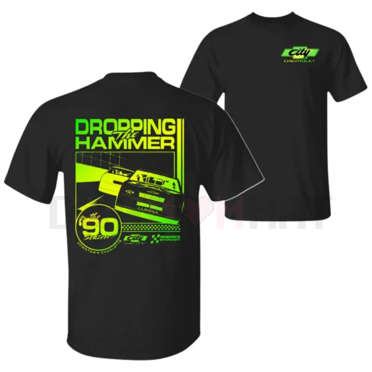 Dropping the Hammer Chevy T-Shirt – Retro 90s Stock Car Racing Neon Green Speed Track Tee