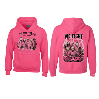 Pink Horror October Pullover Hoodie – Halloween Scary Movie Character & Pumpkin Graphic Sweatshirt