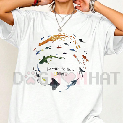 Marine Animals "Go With The Flow" T-Shirt - Ocean Gothic Grunge Y2K Emo Tee