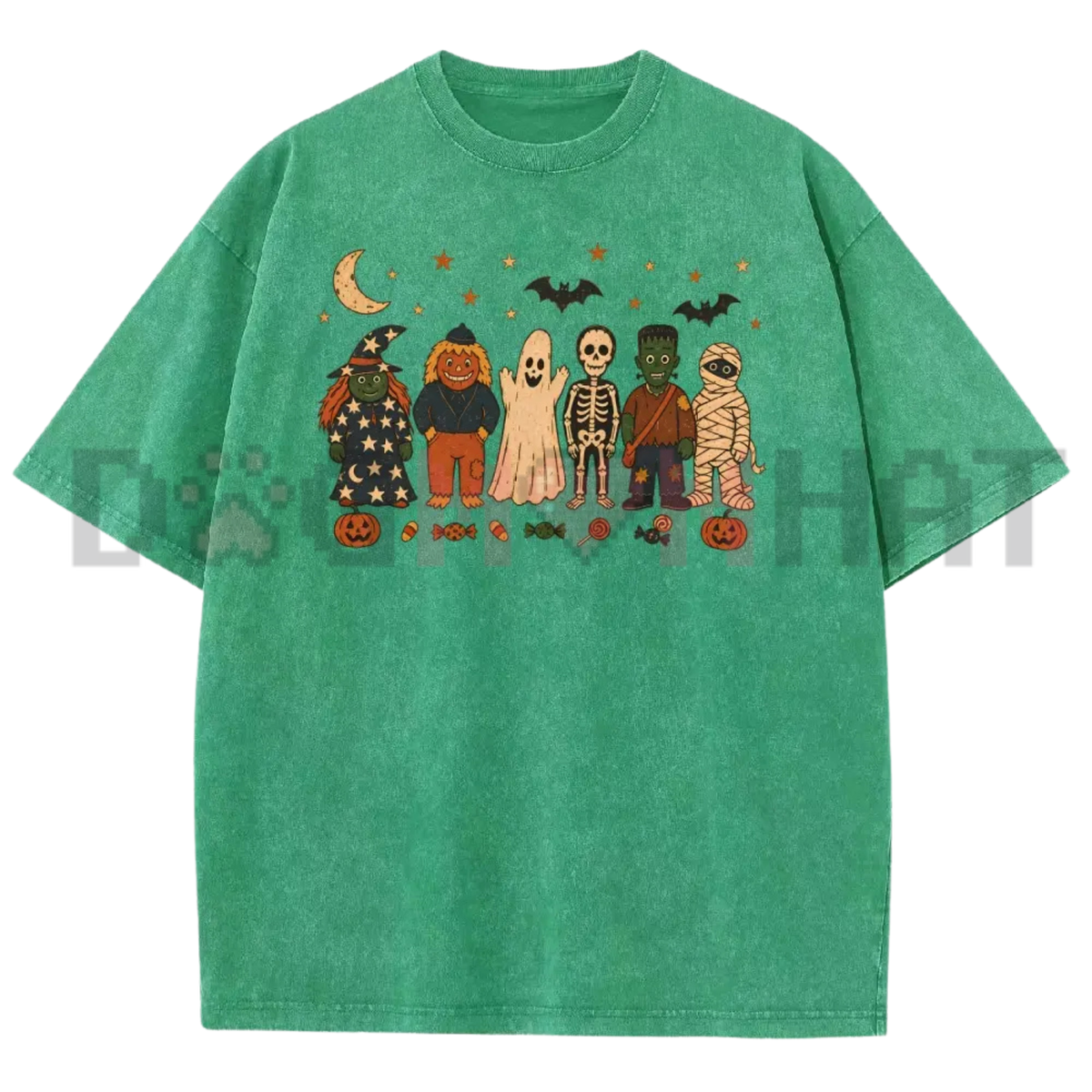Vintage Washed Halloween Graphic T-Shirt - Y2K Witches, Ghosts & Pumpkin Scarecrows Tee