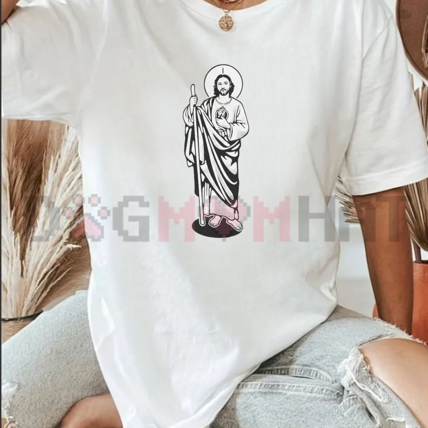 Saint Judas Tadeo Religious Graphic Tee - White Black Catholic Faith Cotton Unisex Cuello Redondo T-Shirt