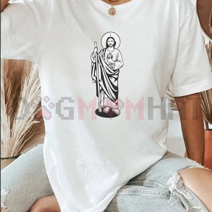 Saint Judas Tadeo Religious Graphic Tee - White Black Catholic Faith Cotton Unisex Cuello Redondo T-Shirt