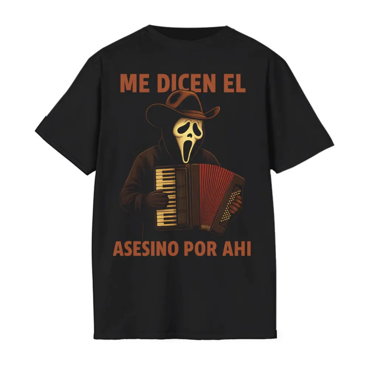 Me Dicen El Asesino Por Ahi Shirt – Horror Movie Villains, Accordion Tee, Jason, Freddy, Ghostface, Michael Myers