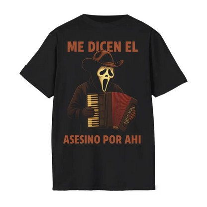 Me Dicen El Asesino Por Ahi Shirt – Horror Movie Villains, Accordion Tee, Jason, Freddy, Ghostface, Michael Myers