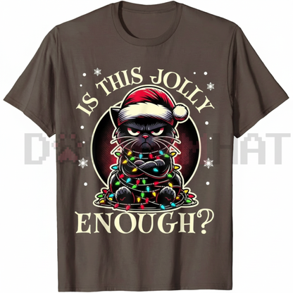 "Is This Jolly Enough" Funny Black Cat Christmas Tree Lights T-Shirt