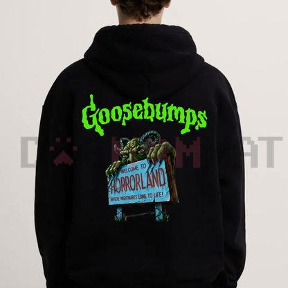 Retro Goosebumps Horrorland Back-Print Hoodie - Gothic Streetwear Spooky Season Pullover