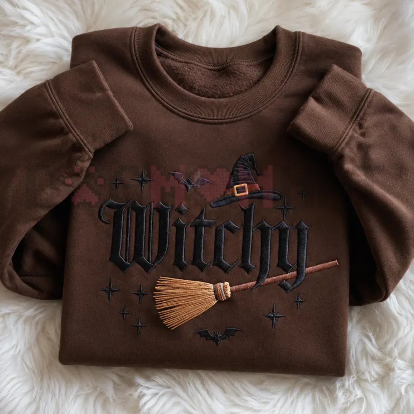 Midnight Broomstick Embroidered Witchy Sweatshirt - Vintage Halloween Bat & Floral Crewneck Pullover
