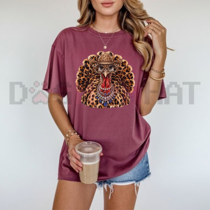 Festive Friction Tee – Rhinestone Leopard Turkey Sparkly Bling Thanksgiving Graphic T-Shirt