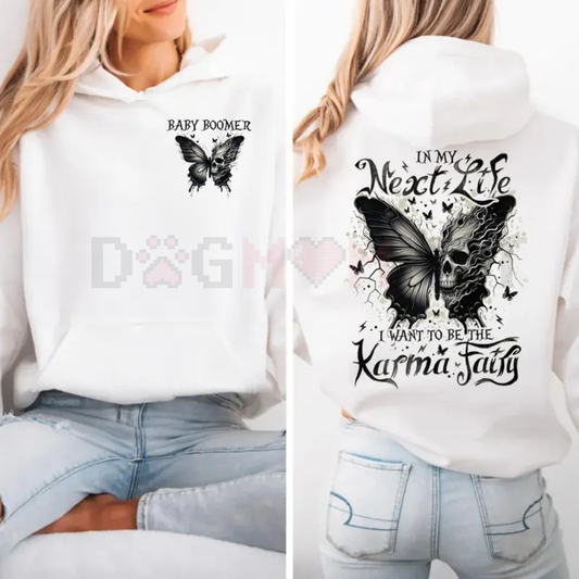 Karma Fairy Skull Butterfly Hoodie – Custom Gen X/Millennial Dark Humor, Two-Sided Classic Fit, 100% Cotton Unisex