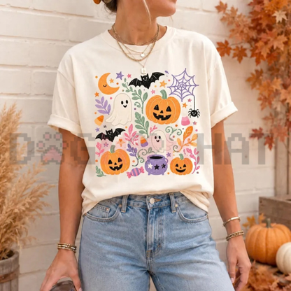 Floral Ghost Pumpkin Preppy Spooky Season Graphic T-Shirt