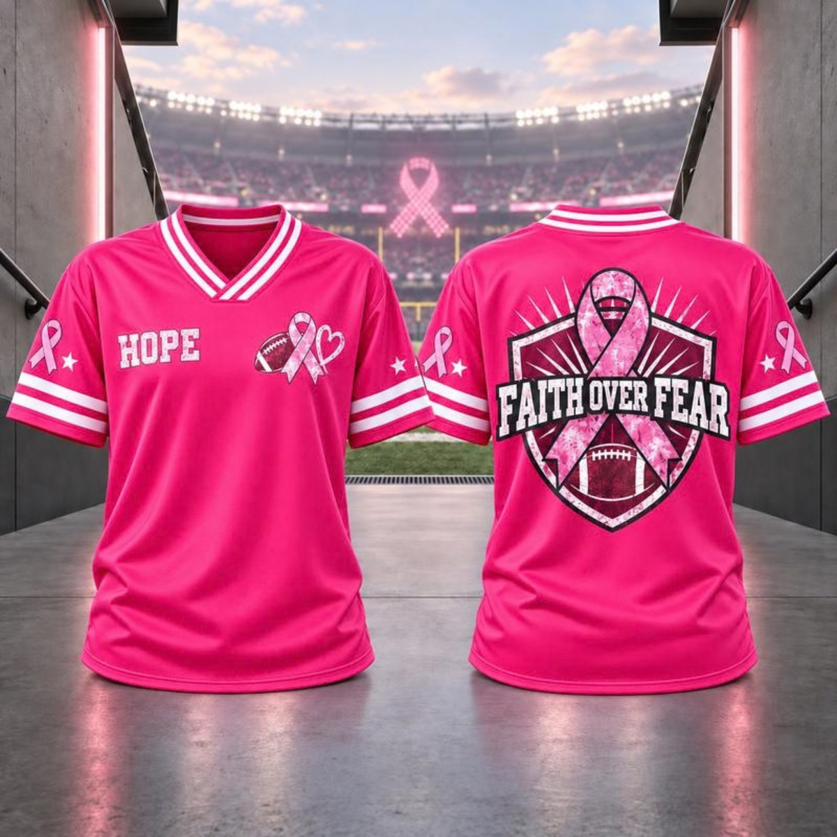 Pink Ribbon Breast Cancer Awareness V-Neck Football Jersey T-Shirt