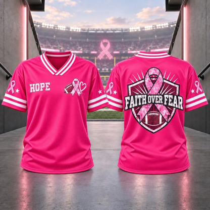 Pink Ribbon Breast Cancer Awareness V-Neck Football Jersey T-Shirt