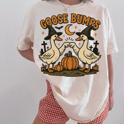 "Goose Bumps" Halloween T-Shirt – Witch Goose Clipart, Cute Halloween Design, Fall Pumpkin Goose Tee