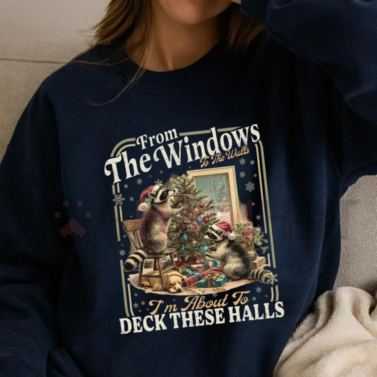 Raccoon "Deck These Halls" Funny Retro Christmas Sweater Sweatshirt