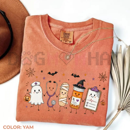 Haunted Healing Doodle Comfort Colors Tee - Halloween Nurse Life Ghost Stethoscope Medical Cotton Shirt