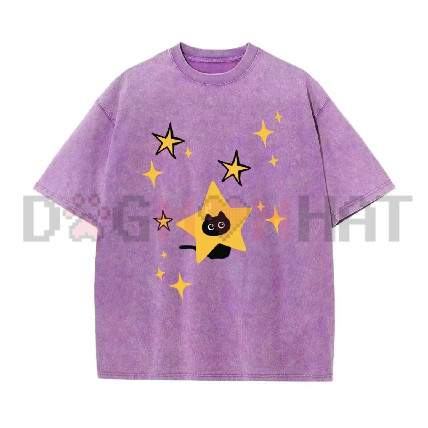 Minimalist Cartoon Kitten and Star Graphic Washed Tee - Y2K Retro Soft Cotton Unisex Oversized T-Shirt