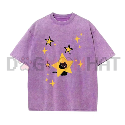 Minimalist Cartoon Kitten and Star Graphic Washed Tee - Y2K Retro Soft Cotton Unisex Oversized T-Shirt
