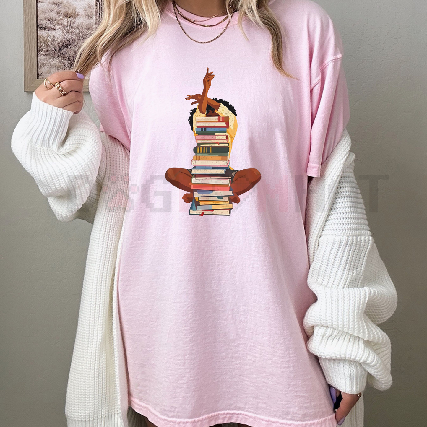 Black Woman And Books Stack Afro Girl Book Lover T-Shirt – Unisex Reading Graphic Tee