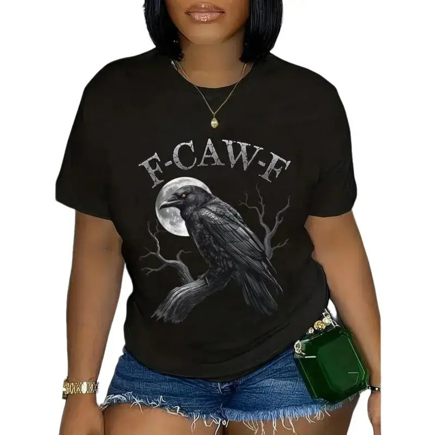 Funny "F-CAW-F" Crow T-Shirt – Black Bird Moon, Gothic Adult Humor, Vintage Streetwear, Women's Graphic Tee