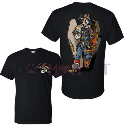 Firefighter Skull Coffin Graphic Tee – Edgy Gothic Statement Design, 2 Sides, Bold Wear For First Responders, Fire Department Apparel
