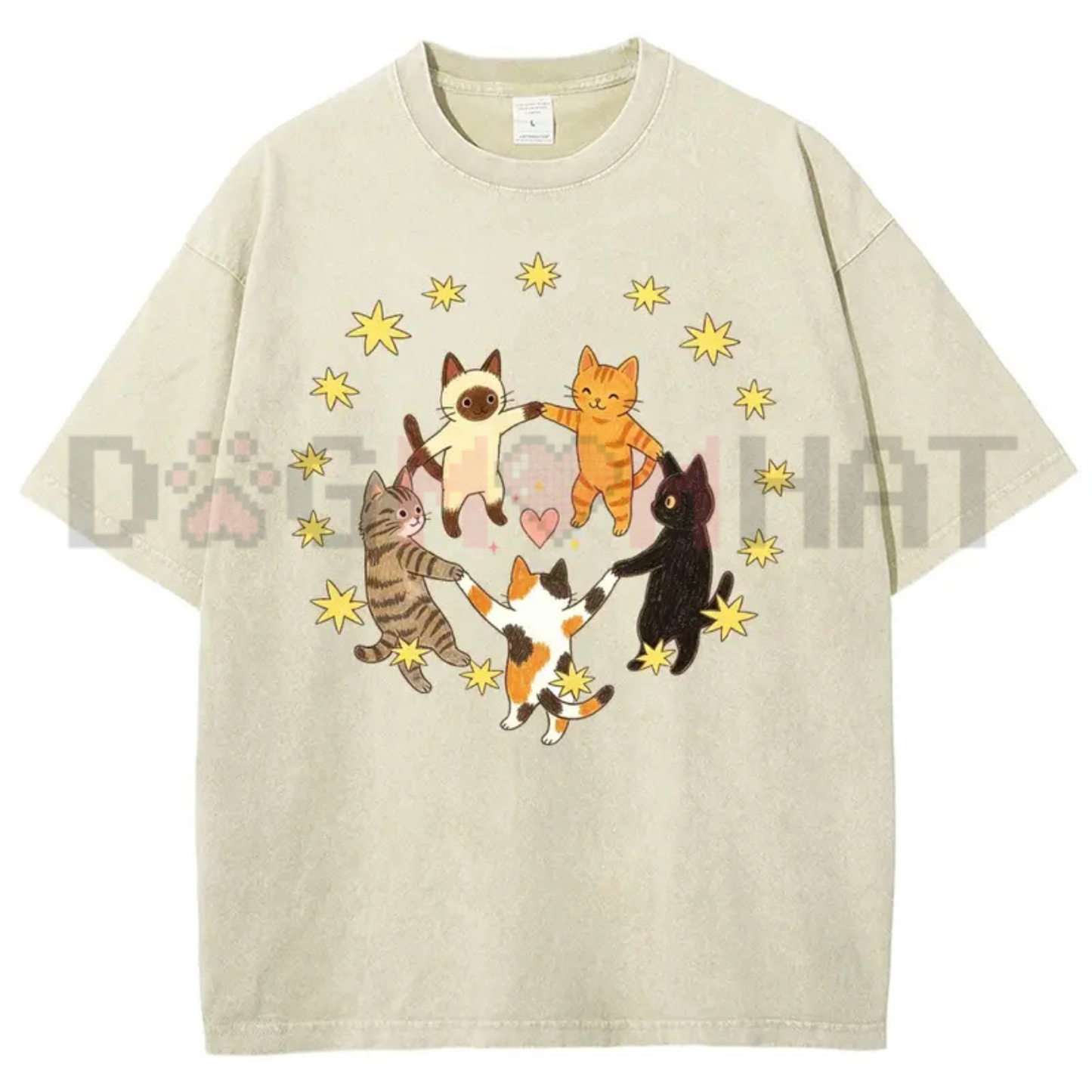 Celestial Feline Circle Vintage Washed Tee - Y2K Cats Holding Hands Star Heart Graphic Cotton Oversized T-Shirt
