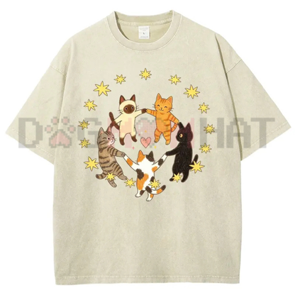 Celestial Feline Circle Vintage Washed Tee - Y2K Cats Holding Hands Star Heart Graphic Cotton Oversized T-Shirt