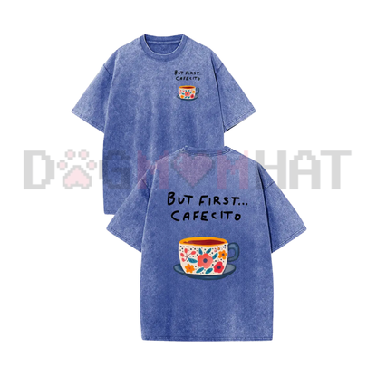 Thanksgiving Espresso Glow Vintage Acid Wash Tee - Casual Coffee Graphic Drop Shoulder Unisex Streetwear Shirt