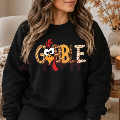 Festive Friction Sweatshirt – Cute "Gobble" Turkey Graphic Fall Crewneck
