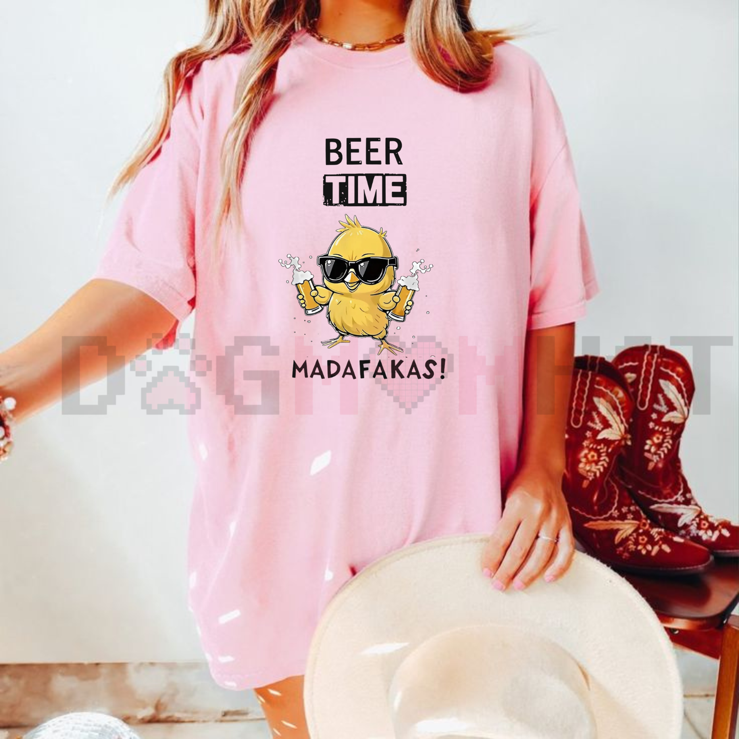 Rustic Farm Humor T-Shirt – "Beer Time" Chicken Graphic Tee